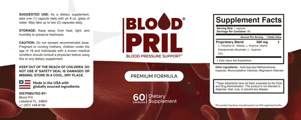 BloodPrilin etiketti, jossa 500 mg:n seos: L-sitrulliini-DL-malaatti, L-arginiini AKG ja L-arginiinihydrokloridi